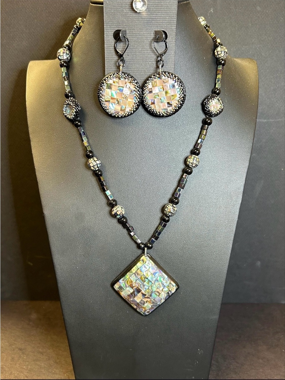 Handmade Abalone Checkered Inlay Necklace & Earring Set